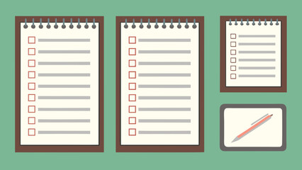 Handwritten checklists with lined and grid pages