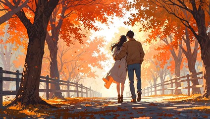 Romantic couple walking together on a path in an autumn park, warm anime style illustration