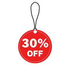 30% off red sale badge with bold promotional label and discount sticker icon for retail marketing isolated on white background