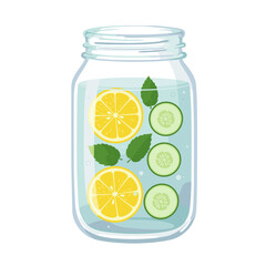 Glass jar filled with detox water with lemon, cucumber, and mint slices flat vector illustration, clean and refreshing on white background