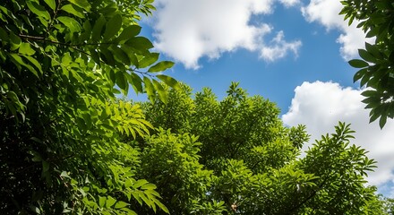 Fototapeta premium 新緑の木々と青い空 木漏れ日が美しい自然の背景