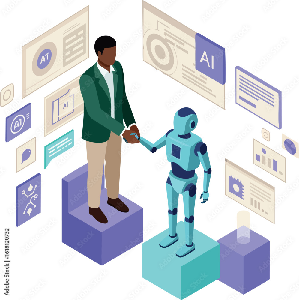 Wall mural human and robot shaking hands with artificial intelligence digital interface vector illustration