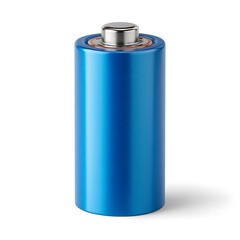 A bright blue cylindrical battery with a metallic top and bottom isolated on white background