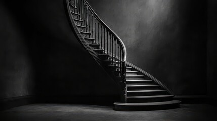 An elegant, spiraling staircase in a dark, moody environment, showcasing intricate railings and shadows.