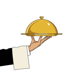 Waiter’s hand holding golden tray with closed dome flat vector illustration in minimal elegant style on white background 