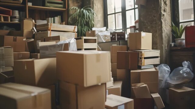 A cluttered room filled with stacked cardboard boxes near a window with natural light coming in