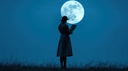 A silhouette of a person reading under a bright full moon against a deep blue sky, creating a serene and contemplative atmosphere.