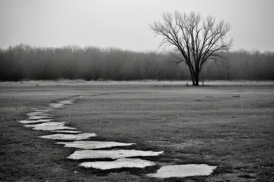 Gray landscape with lone tree and path - Powered by Adobe