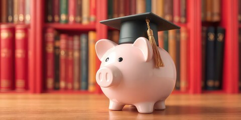 Saving Up for Education A Piggy Bank Wearing a Graduation Cap Stands in Front of a Bookshelf