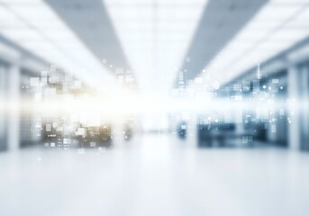 Blurred bright interior with digital interface overlays