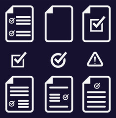 チェックマーク付きの書類アイコンや警告マークなどを組み合わせたベクターセット。書類確認、完了処理、注意喚起などに活用できる素材
