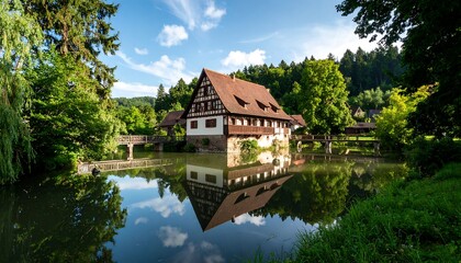 Obraz premium Tranquil waterside house, mirrored in calm