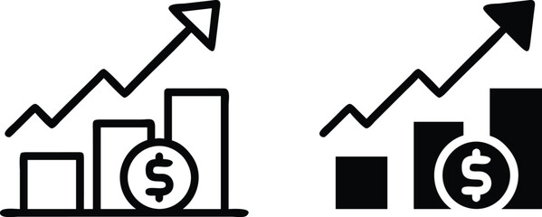 Financial Growth Icon Set – Vector Dollar Bar Chart Up Arrow Symbol in Black and White