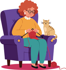 Elderly woman knitting in armchair with cat sitting beside her cozy lifestyle scene 