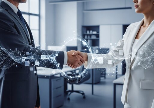 Business partners shaking hands with digital network overlay
