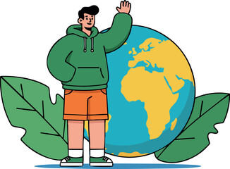 Young man in green hoodie standing near globe with large leaves vector illustration 