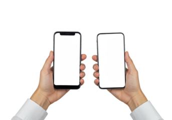 Two well-groomed hands with manicured nails carefully holding two modern smartphones, one upright, one tilted, with blank white screens on a transparent isolated background with copy space,