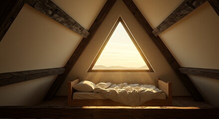 Obraz premium Cozy rustic attic bedroom with a single bed illuminated by morning sunlight from a triangular window.