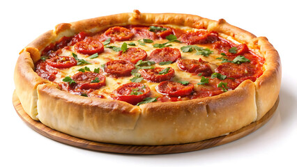 Deep dish pizza slice on white background showcasing rich cheesy crust photography