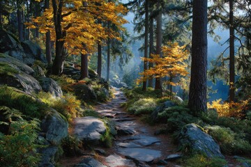 Fototapeta premium Sunny Pathway Through the Autumn Forest Trail