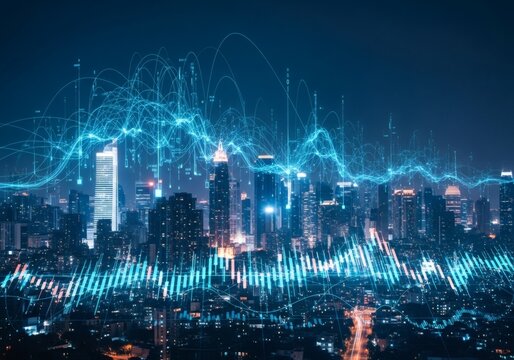 Cityscape with futuristic blue data streams overlay