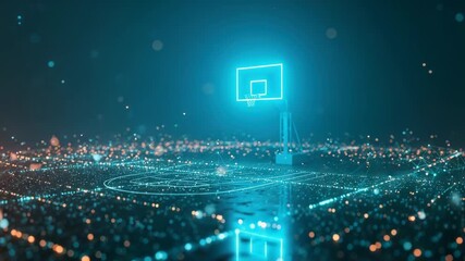 A futuristic basketball court illuminated by neon lights featuring a glowing hoop and digital particles floating in the air creating a vibrant atmosphere for sports enthusiasts - Powered by Adobe