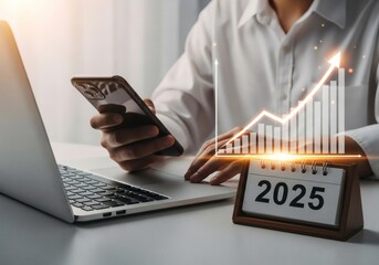Closeup of person using smartphone and laptop with calendar showing 2025 and growth graph