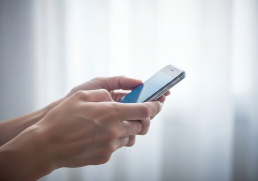 Closeup of hands holding a smartphone against a blurred light background