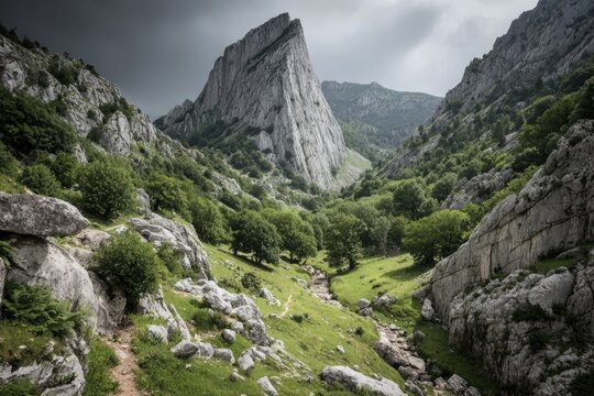 Mountain valley, rocky path, lush greenery, dramatic peak - Powered by Adobe