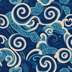 Seamless Korean Wave and Cloud Pattern in Traditional Asian Style