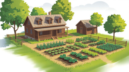 A 3D rendered illustration of a rustic wooden farmhouse property with a garden. 
