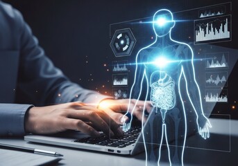 Digital human anatomy on holographic display with glowing internal organs
