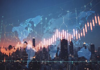 Digital world map overlaid with stock market graph above city skyline
