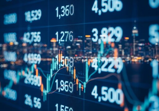 Digital stock market data with city skyline at night