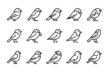 Bird Icon Array: A meticulously crafted array of minimalist bird icons, showcasing a diverse range of feathered avian forms with elegant simplicity. Capturing a sense of whimsy and artistic design.