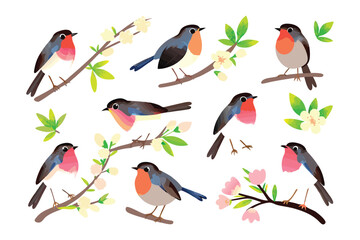 Vibrant Songbirds Perched on Branches: An illustration showcasing colorful songbirds elegantly perched on blossoming branches amidst lush greenery, evoking a sense of spring's awakening.