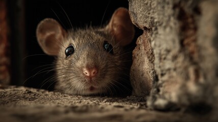 A close-up of a rat emerging from a hole in a poorly lighted kitchen wall