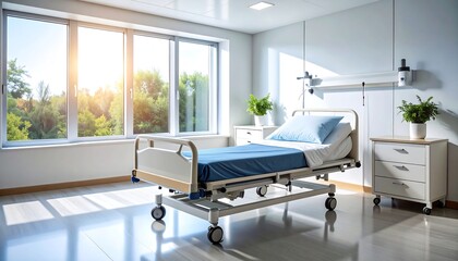 Bright hospital room with adjustable bed, sunlight streaming through the window