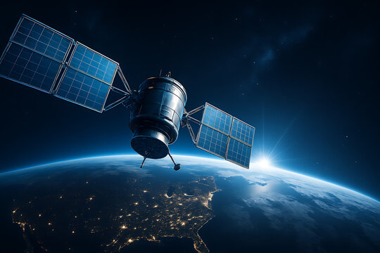 Communication satellite orbiting earth above north america with glowing solar panels and sunrise over atmosphere in deep space
