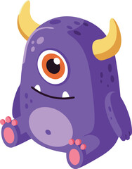 Fototapeta premium Cute purple one-eyed monster character with yellow horns and pink paws vector illustration 