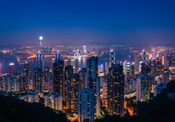 Obraz premium Expansive cityscape of Hong Kong at dusk illuminated by numerous lights