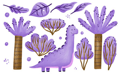 Purple dinosaur, palm trees and bushes hand drawn watercolor illustration on isolated background