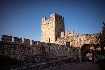 Obraz premium Kalemegdan Park in Belgrade, Serbia. A striking fortress with a central tower rising above its fortified stone walls.