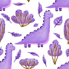 Purple blue dinosaur  with palm trees and bushes hand drawn watercolor seamless pattern  background. Nature landscape baby  Jurassic design