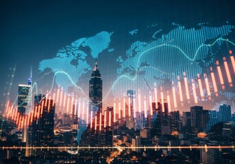 Futuristic city skyline at night with digital world map and financial data