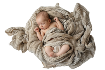 Baby peacefully sleeping in a cozy beige blanket on a soft surface in a serene indoor setting