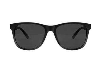 A pair of black sunglasses with dark lenses.