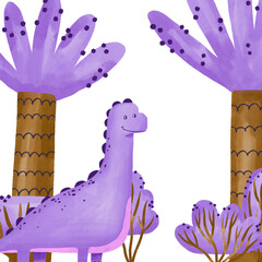 Purple dinosaur  with palm trees and bushes hand drawn watercolor illustration on isolated background. Nature landscape baby Greeting card