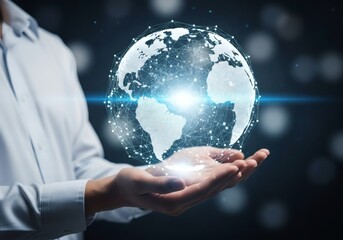 Futuristic globe in open hands technology connectivity bright light