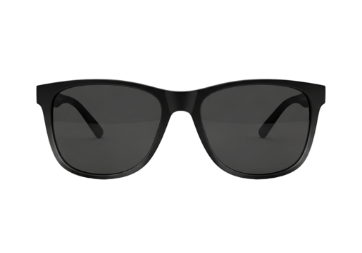 A pair of black sunglasses with dark lenses.